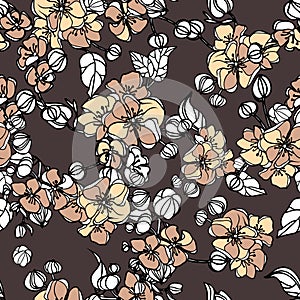 Hand drawn repeat pattern with beige roses, vector illustration of beautiful flowers. Stock vector illustration
