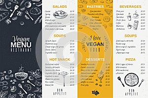 Hand drawn restaurant menu. Food cooking vintage template, doodle breakfast and diner cafe flyer. Vector menu card