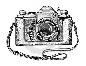 Hand drawn retro camera. Vintage vector illustration in sketch engraving style