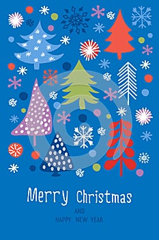 Hand drawn retro - Christmas card. Festive background with stylized Christmas trees, snowflakes and decorations