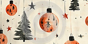 Retro Christmas Pattern: Hand-Drawn Ornaments, Trees, and Stars on Paper