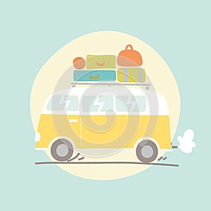 Hand drawn retro van with luggage