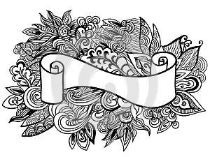 Hand drawn ribbon on the floral doole background. Vector illustration.