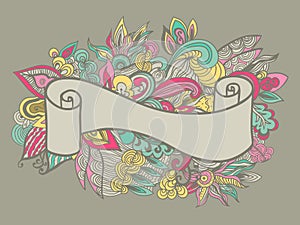 Hand drawn ribbon on the floral doole background. Vector illustration.