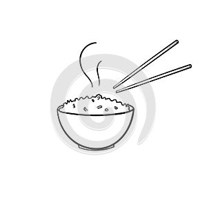 Hand drawn Rice in a bowl with chopstick for restaurant in doodle style vector