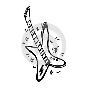 Hand-drawn rock guitar in doodle-sketch style. Electric musical instrument. Music. Heart with an arrow. Vector in a