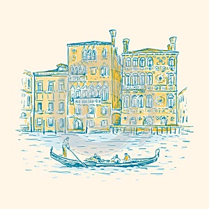 Hand drawn romantic sketch vector illustration of Venice, Italy. Drawing of a canal, houses and gondola isolated on white. Tourism