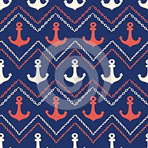 Hand-Drawn Rope and Chains Chevrons with Anchors Vector Seamless Pattern. Blue and Red Marine Background