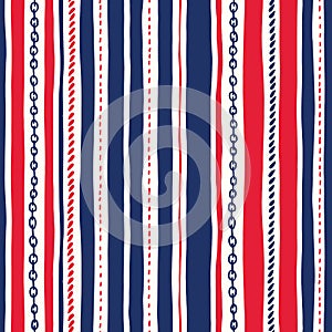 Hand-Drawn Rope and Chains Uneven Vertical Stripes Stripes Vector Seamless Pattern. Red White and Blue Marine Background