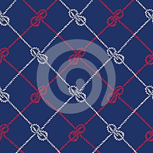 Hand-Drawn Rope Diagonal Plaid with Zeppelin Bend Nautical Knots Vector Seamless Pattern. Blue Marine Background