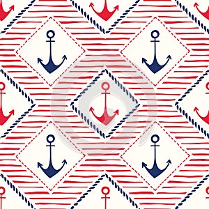 Hand-Drawn Rope Frames with Anchors and Stripes Vector Seamless Pattern. Blue and Red Marine Background