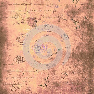 Hand drawn rose florals on rustic background. Grunge surface. Stained sheet. Shabby chic vintage paper. Old rustic paper.