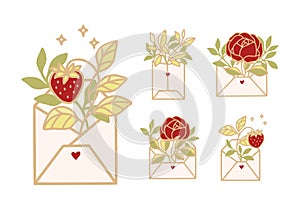 Hand drawn rose flowers, strawberry, and leaf branch in love letter