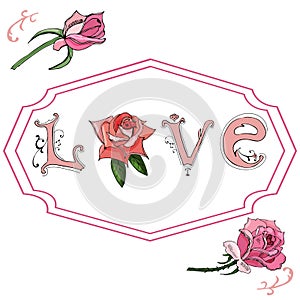 Hand drawn roses, letters and twirls. Design elements for Valentine`s day. Colored sketch objects isolated on white background.