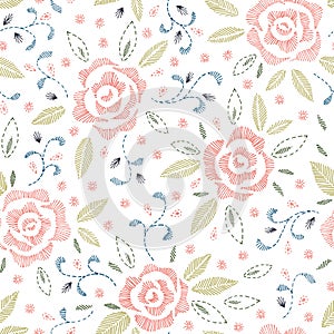 Hand Drawn Roses, Mimicking Embroidery Stitches, on White Background Floral Vector Seamless Pattern