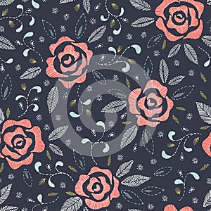 Hand Drawn Roses, Mimicking Folk Embroidery Stitches, on Dark Blue Background Floral Vector Seamless Pattern