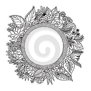 Hand drawn round banner with flowers,leaves and copy space for your customs texts for design element and coloring book page.Vector