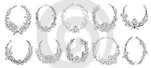 Hand drawn round floral frames. Sketch flower, leaves and branches decoration wreath. Circle flower frame vector set