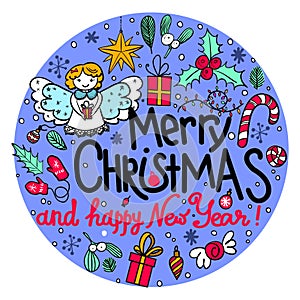 Hand-drawn round frame with Christmas elements: presents, omela, angel, holly berry, sweets, christmas balls