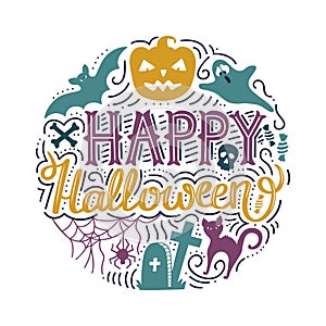 Hand drawn round print with lettering Happy Halloween