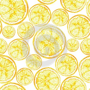 Hand drawn round slices of juicy yellow emon seamless pattern on white. Summer backgrounds