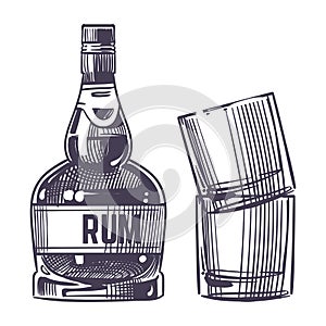Hand drawn rum and two glasses vector