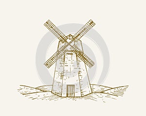 Hand Drawn Rural Building Landscape Vector Illustration. Windmill Sketch. Village Mill House Doodle. Isolated