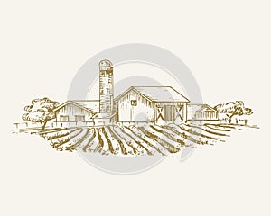 Hand Drawn Rural Buildings Landscape Vector Illustration. Farm with Field, Barns, Grain Elevator and Trees Sketch