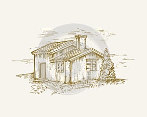 Hand Drawn Rural Buildings Landscape Vector Illustration. Wood Cabin and Pine Tree Sketch. Village Houses Doodle