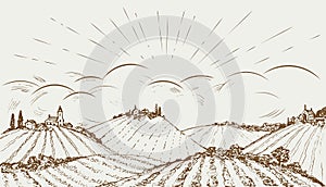 Hand drawn rural field panoramic wide landscape. Vintage vector illustration photo