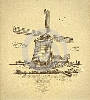 Hand drawn rural landscape. Old craft paper texture background. Vintage windmill, river, barn, sky with clouds, birds, boat.