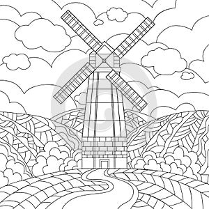 Hand drawn rural mill, road, hills, clouds, sky with small and middle pattern on white isolated background.