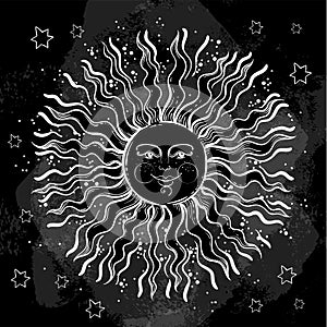 Hand-drawn russian style sun over the blackboard. Vintage chalk. Medieval ornamental solar symbol. Vector illustration.