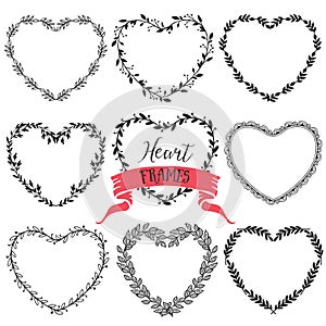 Hand drawn rustic vintage heart wreaths. Floral vector graphic.