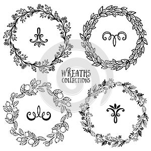 Hand drawn rustic vintage wreaths with curls. Floral vector