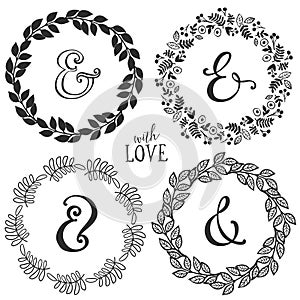 Hand drawn rustic vintage wreaths with lettering and ampersand.