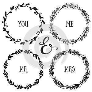 Hand drawn rustic vintage wreaths with lettering. Floral vector