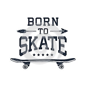 Hand drawn 90s themed badge with skateboard vector illustration.