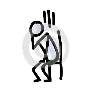 Hand Drawn Sad Stick Figure Sitting In Chair. Concept of Alone Upset Expression. Simple Icon Motif for Despair Grief