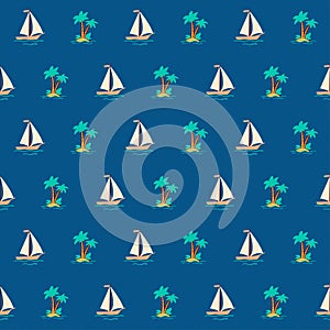 Hand drawn sailboat and palm tree on the island in doodle style on blue background