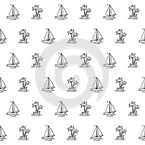 Hand drawn sailboat and palm tree on the island in doodle style on white background