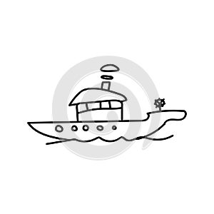 Hand drawn sailing ship on the waves. Doodle boat. Children drawing. Isolated vector illustration in doodle style on