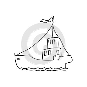 Hand drawn sailing ship on the waves. Doodle boat. Children drawing. Isolated vector illustration in doodle style on