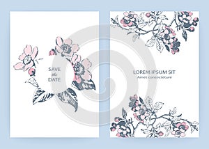 Hand drawn sakura pink blossom flowers and leaves on branches on white background, vintage style pastel color vector illustration