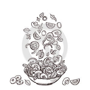 Hand drawn salad. Fresh vegetable slices falling to salad-bowl. Green salads diet and healthy food vector sketch concept