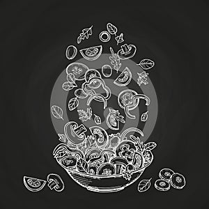 Hand drawn salad isolated on chalkboard background