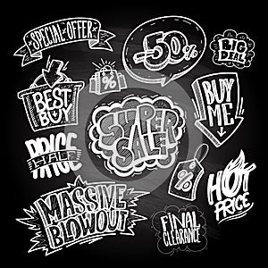 Hand drawn sale signs and elements on a chalkboard - super sale, buy me, massive blowout, best buy, hot price, final clearance,