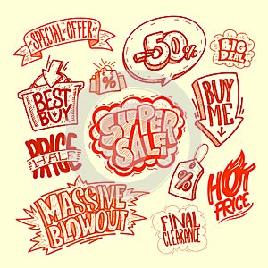 Hand drawn sale signs and elements - super sale, buy me, massive blowout, best buy, hot price, final clearance, special offer,