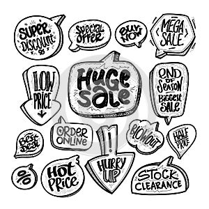 Hand drawn sale vector signs and prints set - huge sale, super discount, special offer