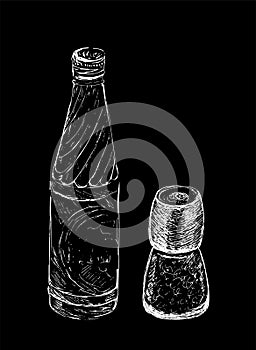 Hand drawn salt and pepper mill, shaker, grinder and bottle of water. Vector sketch illustration on black background. White line